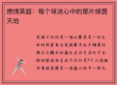 燃情英超：每个球迷心中的那片绿茵天地