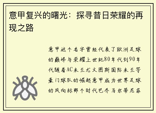 意甲复兴的曙光：探寻昔日荣耀的再现之路